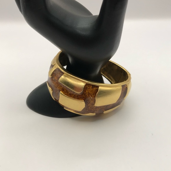 Gold-Tone and Brown Enamel Patterned Cuff Bracelet - Picture 3 of 9